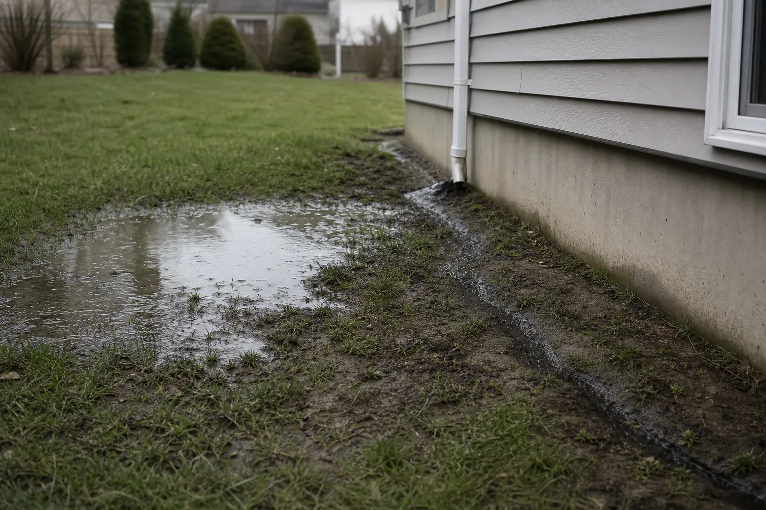 Rainwater pooling on a soggy lawn beside a home's foundation and downspout