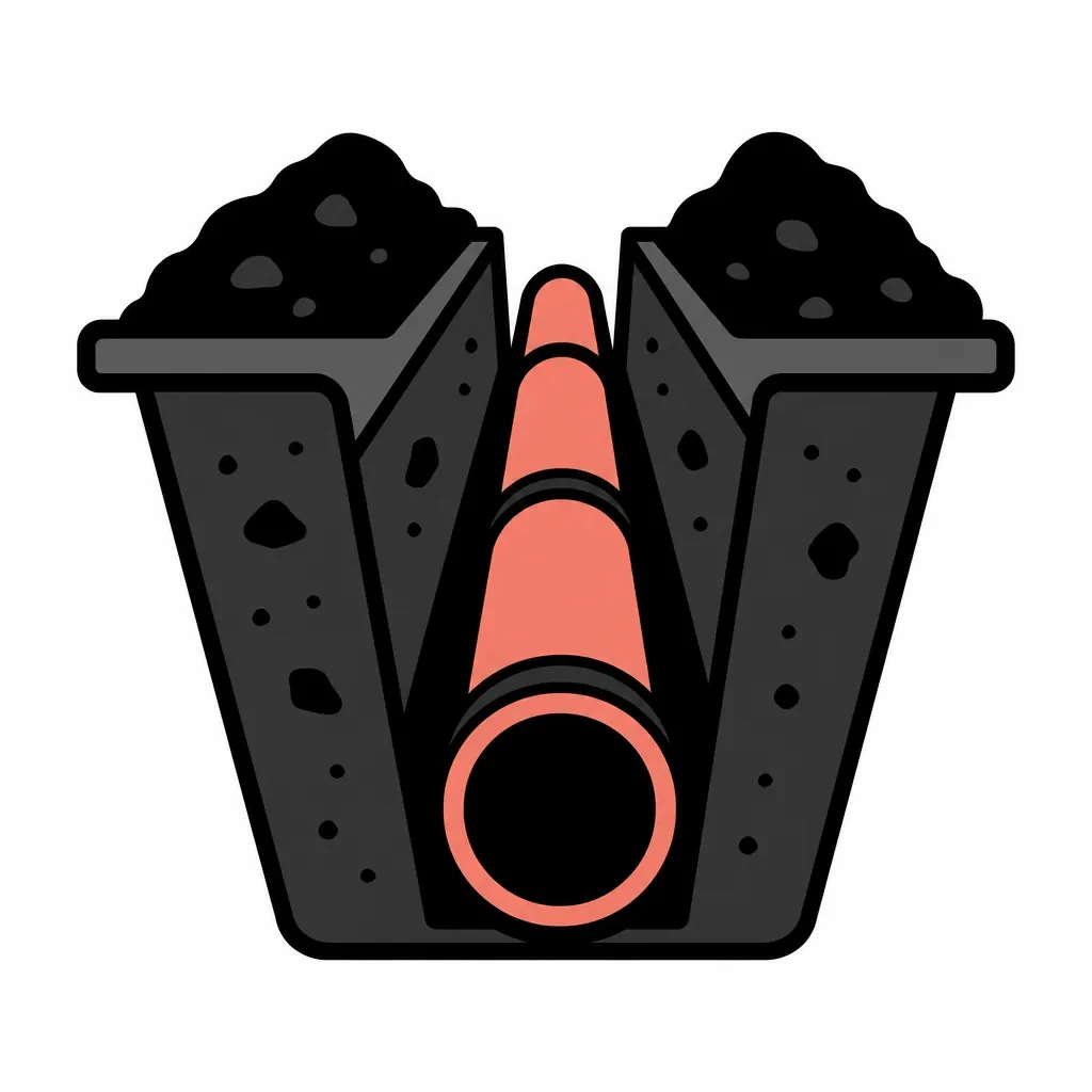 Icon of an open trench with a green utility pipe being buried
