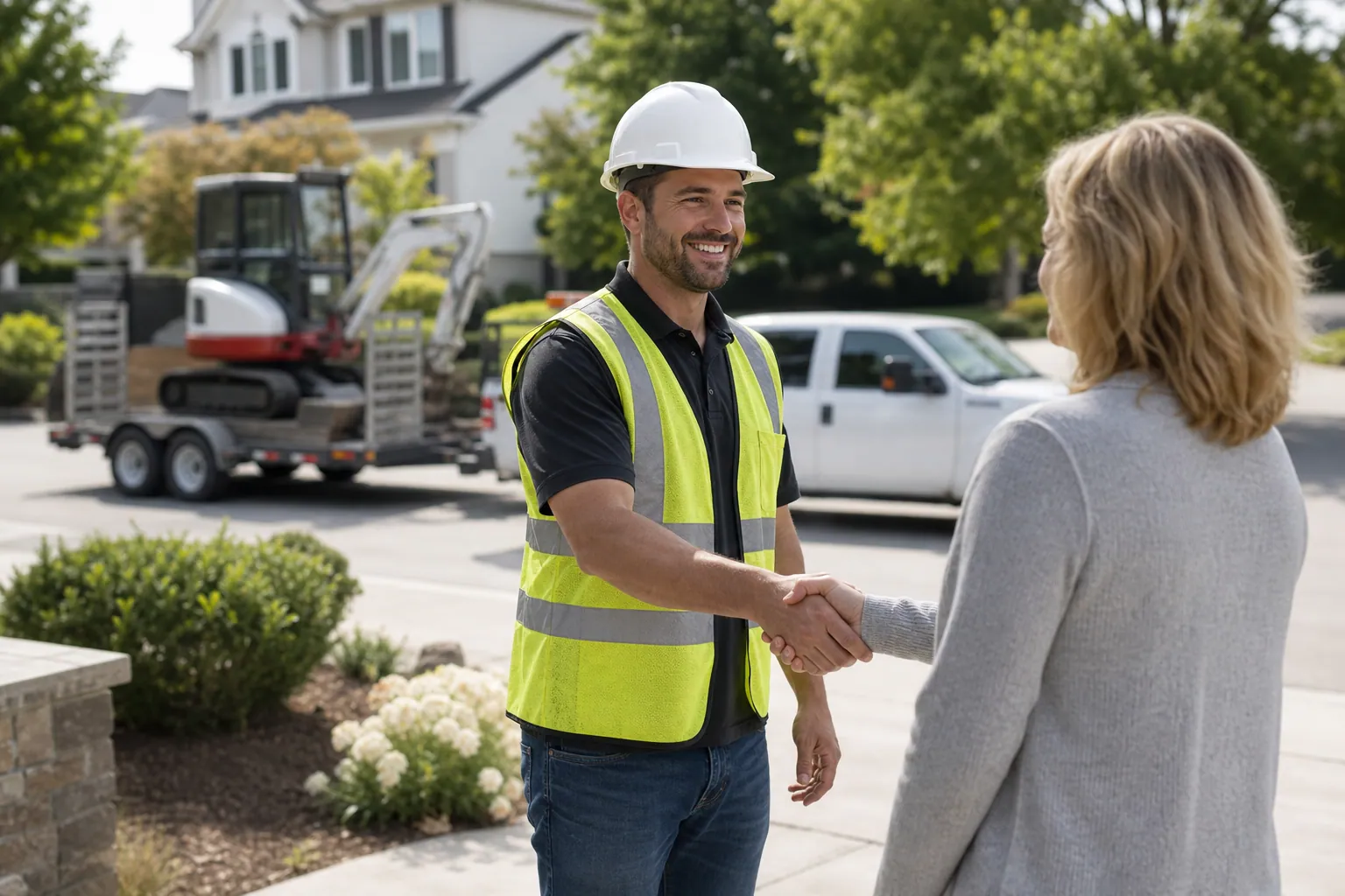 Excavation contractor shaking hands with a homeowner, mini excavator on a trailer behind