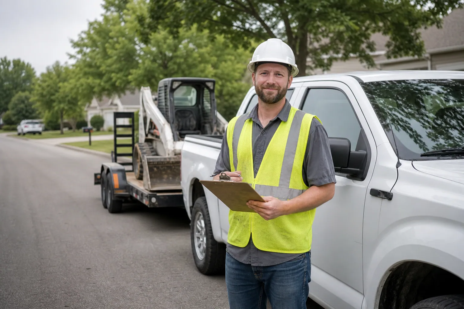 Acme Excavation estimator with clipboard beside a pickup towing a skid steer loader