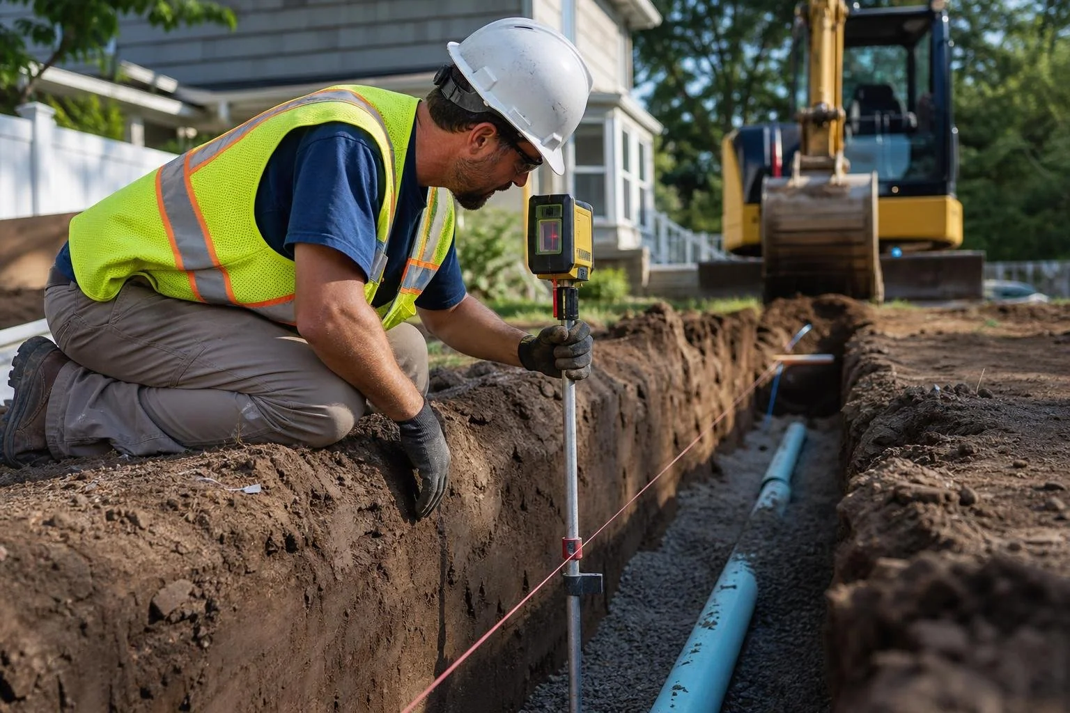 Worker checking trench depth with a laser level over a new blue water line