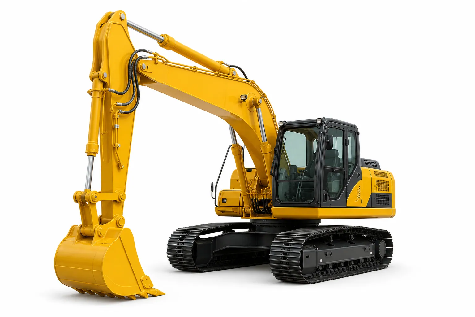 Yellow tracked excavator with bucket lowered, studio shot on a white background